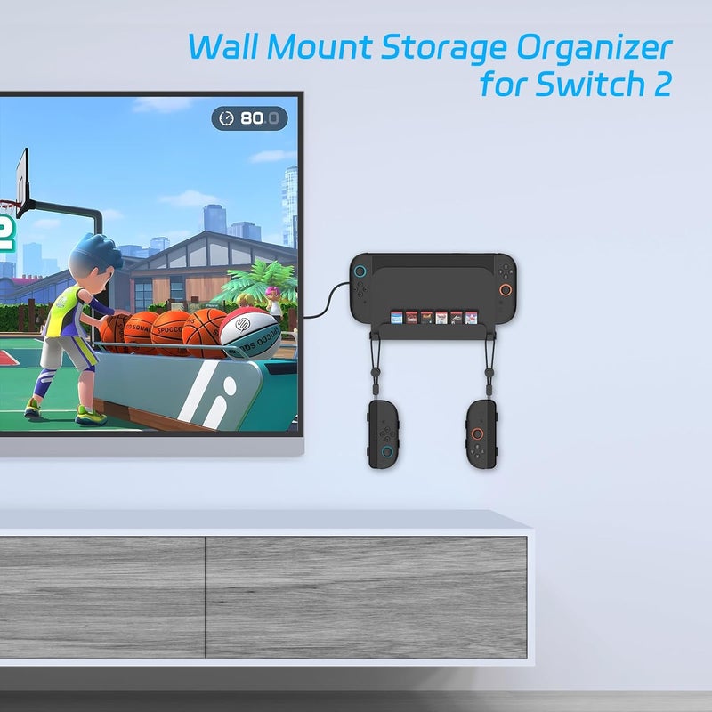 JDDWIN Wall Mount Stand for Switch 2 (2025)/ Switch OLED, Metal Gaming Shelf Accessories for Wall with Joy-Con 2 Hanging Hook and 6 Game Storage Holder Safety Store Controller Holder (Black) - Image 2